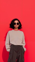 Photo of a young woman wearing white sweatshirt mockup red background. Design pullover template, print presentation mock-up. text space