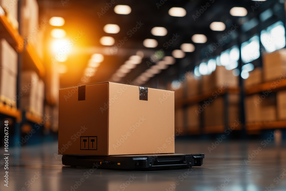 Poster cardboard box sits on pallet in spacious warehouse, illuminated by warm light. automated systems eff
