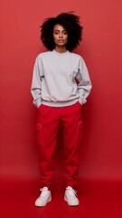 Photo of a young woman wearing white sweatshirt mockup red background. Design pullover template, print presentation mock-up. text space