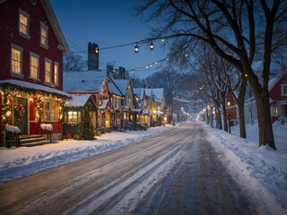 Fototapeta premium A charming Christmas street scene with beautifully decorated buildings, glowing lights, and festive holiday decorations, capturing the warmth and spirit of the season in a magical urban setting.