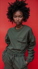 Photography of african American young girl red background. Design pullover template, print presentation mock-up. text space