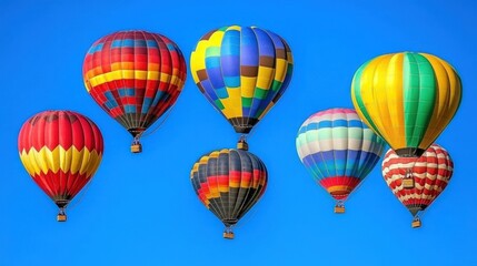Fototapeta premium Seven colorful hot air balloons soar through a clear blue sky.