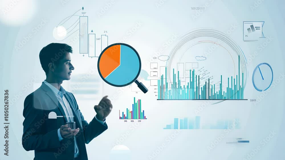 Aufkleber business professional examining virtual data charts and graphs, symbolizing data-driven decision-mak