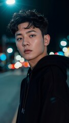 Young asian boy is wearing a black hoodie, standing on a city street at night with colorful lights in the background.