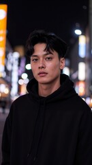 Young asian boy is wearing a black hoodie, standing on a city street at night with colorful lights in the background.