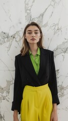 Young girl is wearing a black blazer over a bright green shirt, paired with yellow high-waisted pants, standing against a marble-patterned background.