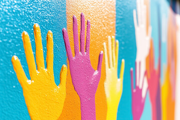 Brightly painted hands of various colors adorn the wall, celebrating diversity and artistic expression in the community