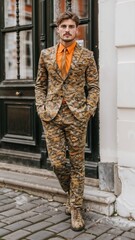 A young man is wearing a camouflage-patterned suit paired with an orange shirt, standing on a cobblestone street in front of a building.