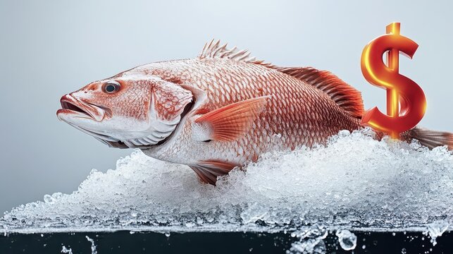 A striking image of a fresh red drum fish prominently displayed against a white background, representing the allure of high-quality seafood, paired with a glowing dollar sign on a dark surface