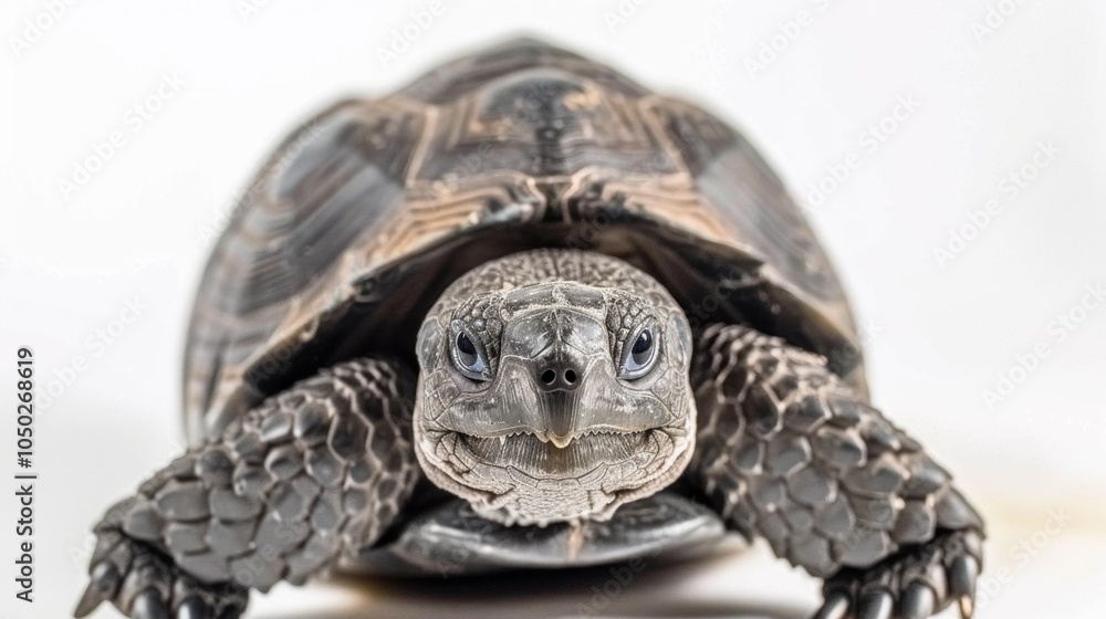 Poster gopher tortoise is captured walking forward on a soft white background highlighting its unique rough