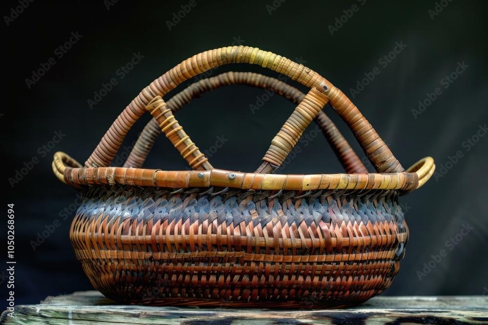 Poster empty rustic woven basket with an arched handle is resting on a piece of wood against a dark backgro