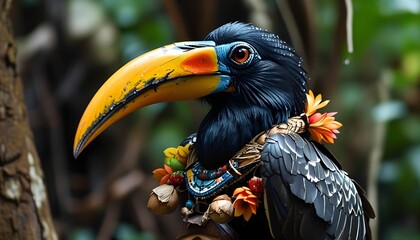 Obraz premium Tiki the Hornbill is a lively and curious character with a vibrant yellow and orange beak adorned with blue accents, and striking black and white feathers with red accents around his eyes.