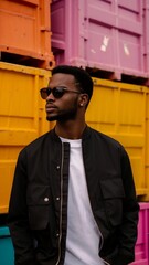 A man is wearing a black jacket over a white shirt, standing in front of colorful, stacked shipping containers in shades of orange, yellow, and pink.