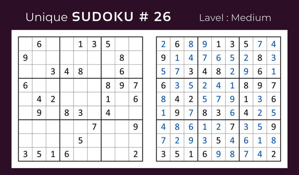 Vector design of sudoku puzzle game with answer. Mid level sudoku mathematical logic game for Kids and adult . 9 x 9 grid sudoku educational game with number vector illustration.