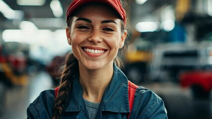 A woman wearing a blue jumpsuit and a red cap smiles while standing in a factory
