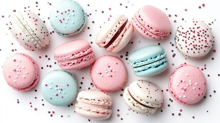 Obraz premium Top-down view of scattered macarons in pastel hues, with each flavor displayed elegantly on a clean white background.