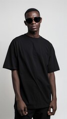 Black young man is wearing a loose-fitting black t-shirt and black pants, standing against a plain white background.
