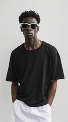 Black young man is wearing a loose-fitting black t-shirt and black pants, standing against a plain white background.