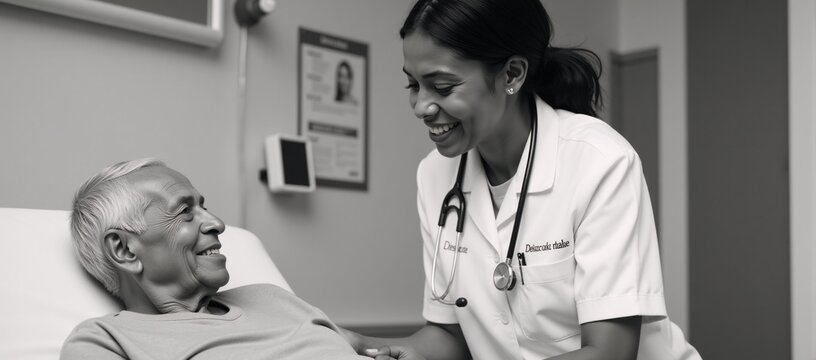 An African-American nurse offers assistance to an elderly patient with healthcare issues