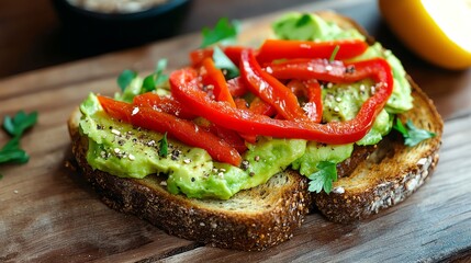 Avocado toast topped with roasted red peppers,  salt, and pepper.