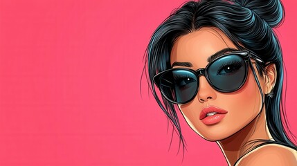 A young woman with dark hair styled in a bun showcases her fashion sense by wearing oversized sunglasses. The striking pink background enhances her confident expression and trendy look, perfect for a 