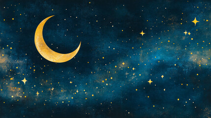 Naklejka premium A serene night sky background featuring a glowing crescent moon surrounded by twinkling stars, set against a deep blue backdrop. This design is ideal for a Ramadan greeting card, c