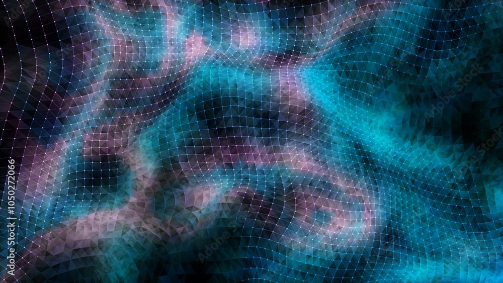 Poster dark cyberspace in digital background. abstract technology wave with motion glowing dots and lines w