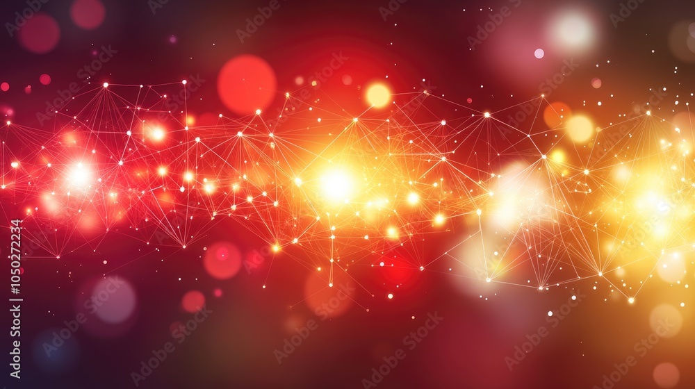 Poster futuristic circuit-like grid made up of glowing lines and shapes over a dark background.