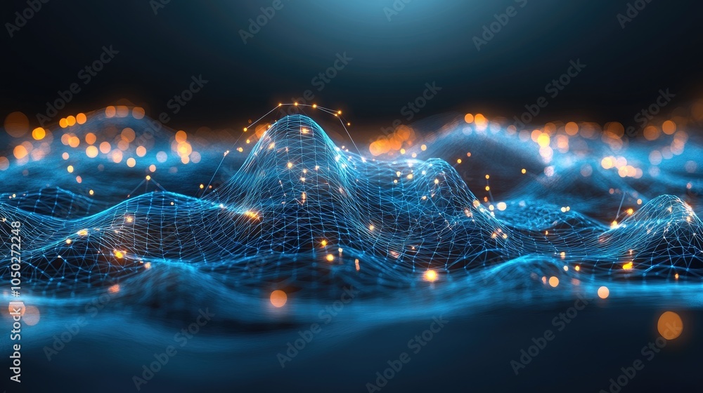 Poster futuristic circuit-like grid made up of glowing lines and shapes over a dark background.