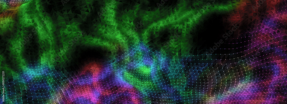 Poster dark cyberspace in digital background. abstract technology wave with motion glowing dots and lines w
