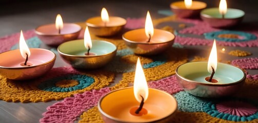 Diwali celebration scene with pastel-colored diyas