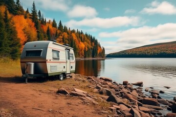 Autumn rv camping adventure by a colorful lake with fishing, scenic mountains, and vibrant trees