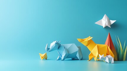 A collection of colorful origami animals on a blue background.
