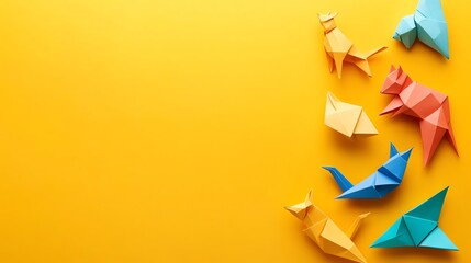 Colorful origami animals arranged on a yellow and blue background.