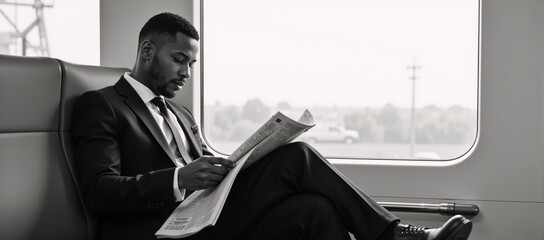 African American man reading newspaper while seated on a train wearing a business suit for work