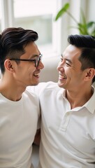 Naklejka premium Young smiling Asian gay couple sharing a laughter-filled moment radiating love happiness and connection amidst tranquility