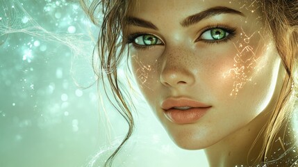 Close-up portrait of a beautiful woman with green eyes and freckles.