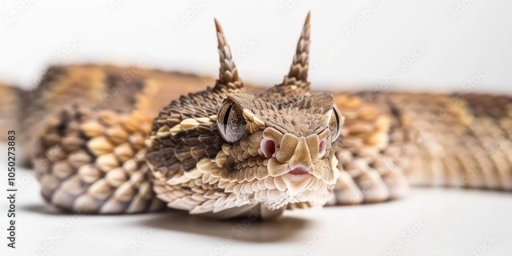 Poster horned viper lies motionless against a white backdrop showcasing its unique horned appearance and in
