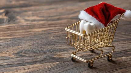 Holiday spirit in a gold shopping cart featuring a tooth and Christmas hat designed for a festive dental clinic advertisement