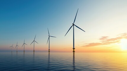 Wind Turbines at Sunrise over Calm Ocean Water