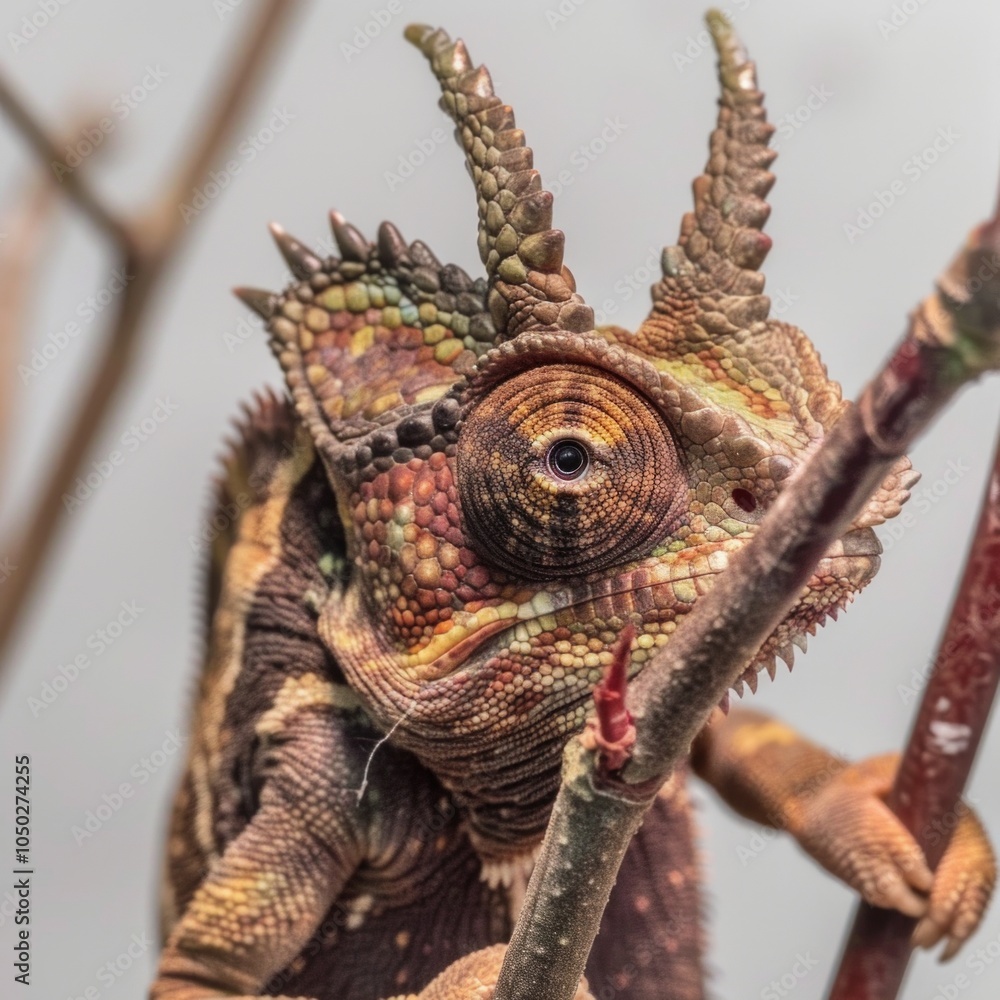 Poster striking jacksons chameleon showcases its three distinctive horns while gripping a twig all set agai