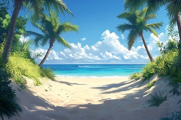 Fototapeta premium Peaceful Passage Through Palm Trees to Golden Beach