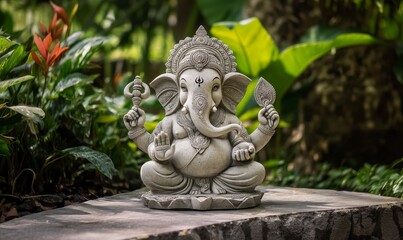 Ornate Ganesha Statue on Lotus with Lush Green Foliage and Soft Background Light in Peaceful Garden Setting