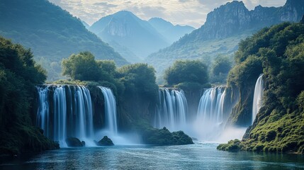 Scenic Multi-Tiered Waterfalls in Mountain Valleys