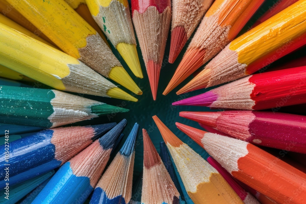 Poster many different colorful sharpened pencils are forming a circle on a dark background, converging in t
