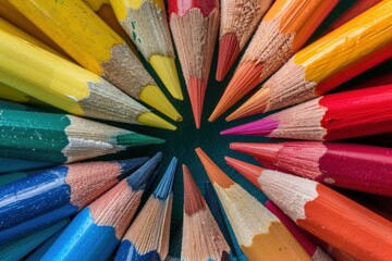 Naklejka premium Many different colorful sharpened pencils are forming a circle on a dark background, converging in the center