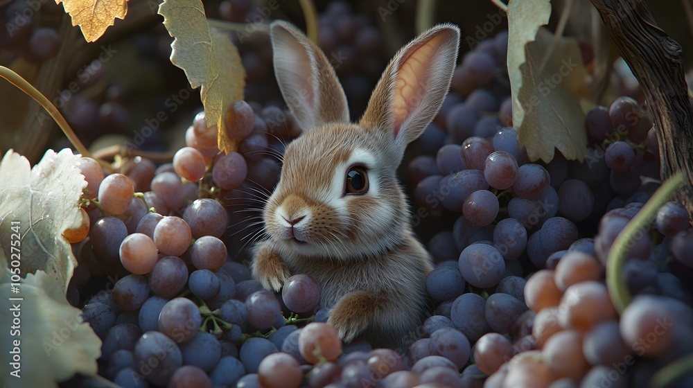 Poster a high-angle view of a rabbit surrounded by clusters of grapes, its ears perked up as it inspects th