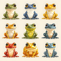 Fototapeta premium Nine cartoon frogs in various colors, sitting in a row.