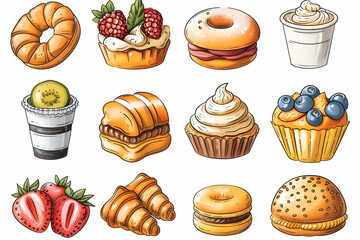 A cartoon illustration of various sweet and savory foods, including pastries, cupcakes, donuts, and smoothies.