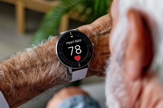 Elderly man checking heart rate with a modern smartwatch, promoting health awareness, fitness tracking, and wearable technology for seniors. - Powered by Adobe